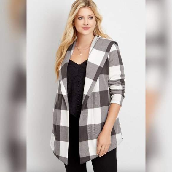 Maurices Buffalo Plaid Hooded Coatigan Jacket Pockets Black White Large Womens - Picture 1 of 7